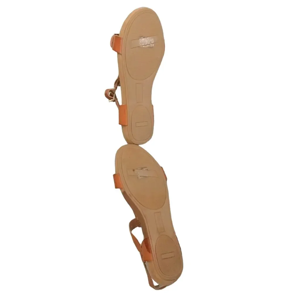 Nine West Girls Sandals Rose Gold Camel Tan Leather Buckle Flat Girls Size 4